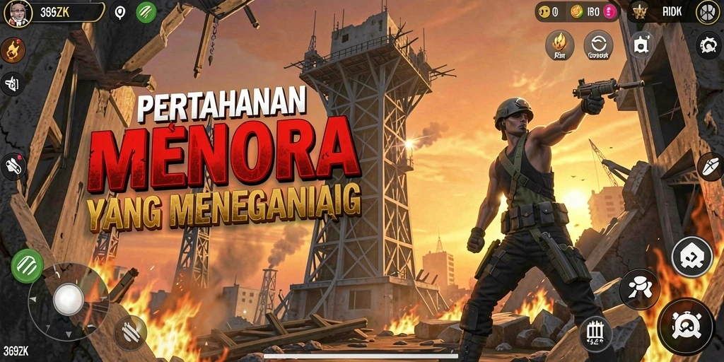 Tampilan gameplay dari 369ZK dengan menara pertahanan yang aktif.