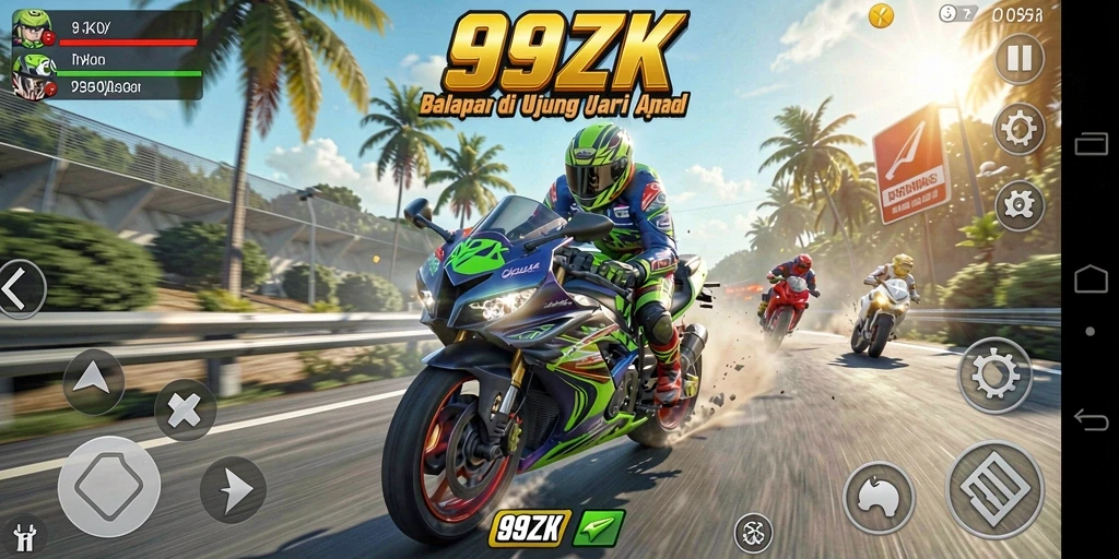Gameplay seru 99ZK dengan balapan motor yang menantang.