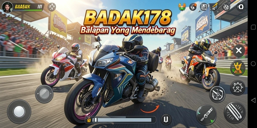 Gameplay BADAK178 dengan aksi balapan motor yang seru dan mendebarkan.