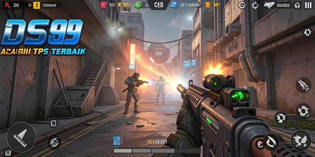 Screenshot gameplay DS99 menampilkan pertarungan dinamis dalam suasana perang.