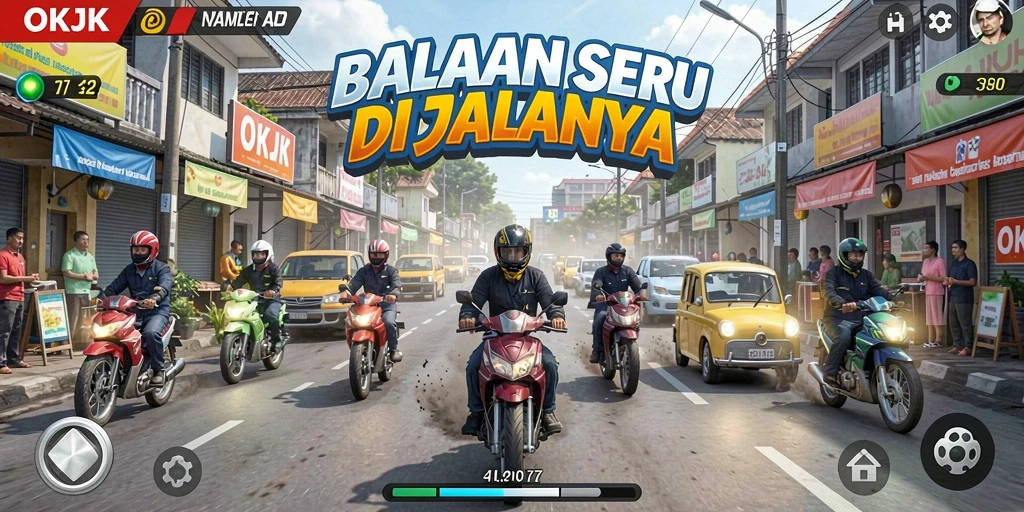 Tampilan gameplay OKJK yang menampilkan balapan mendebarkan di lintasan