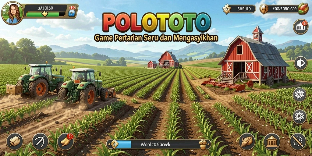 Tampilan permainan <strong>POLOTOTO</strong> dengan ladang yang subur dan beraneka tanaman.