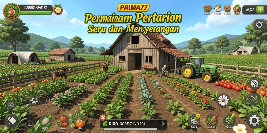 Tampilan gameplay menarik dengan ladang yang rimbun dan tanaman berwarna-warni.