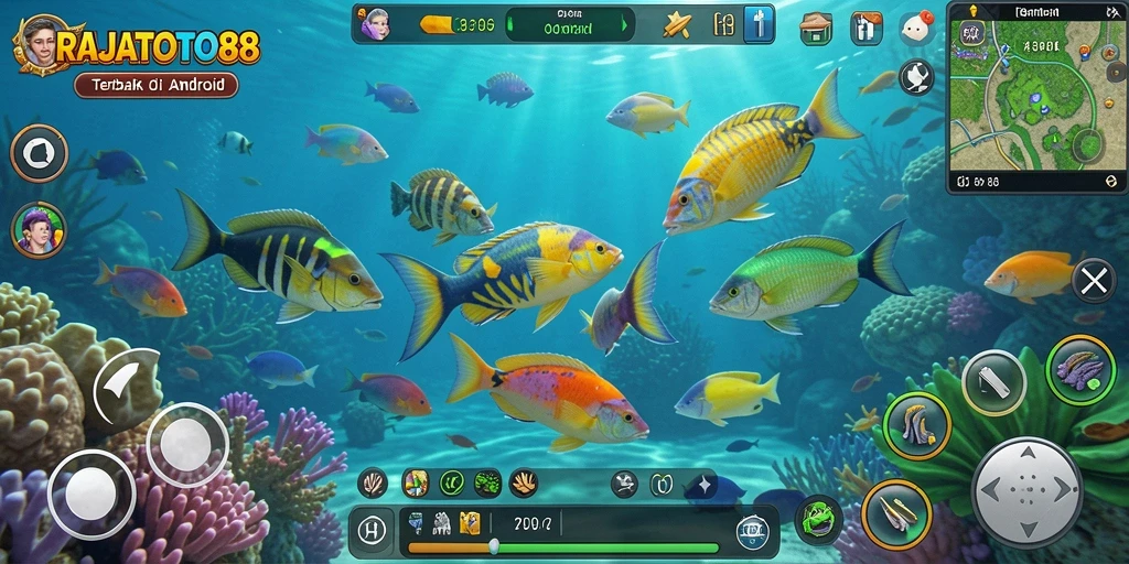 Gameplay seru RAJATOTO88 dengan ikan beragam dan grafik menarik.
