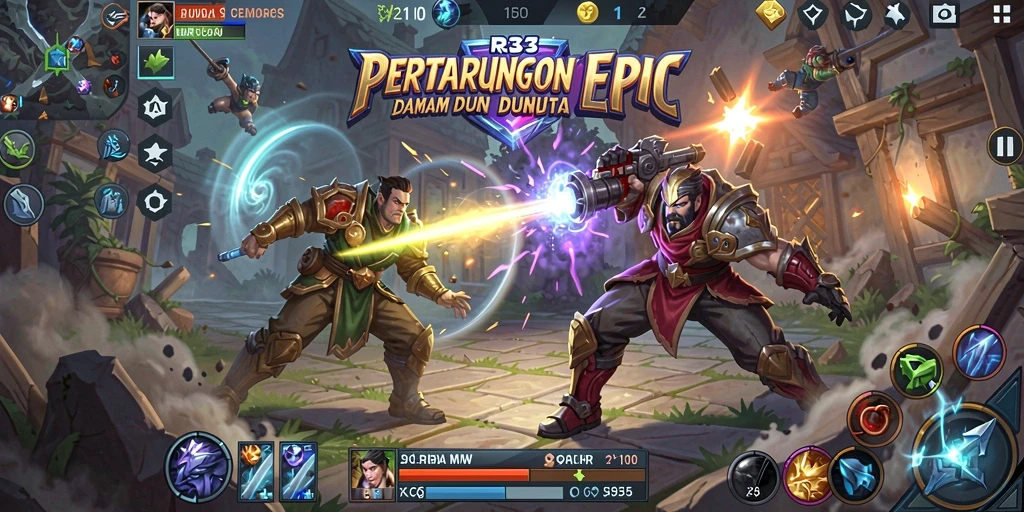 Screenshot utama RR33 menampilkan aksi tempur seru dalam gameplay MOBA.