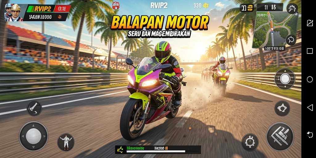 Screenshot gameplay RVIP2 menampilkan balapan motor yang mendebarkan.
