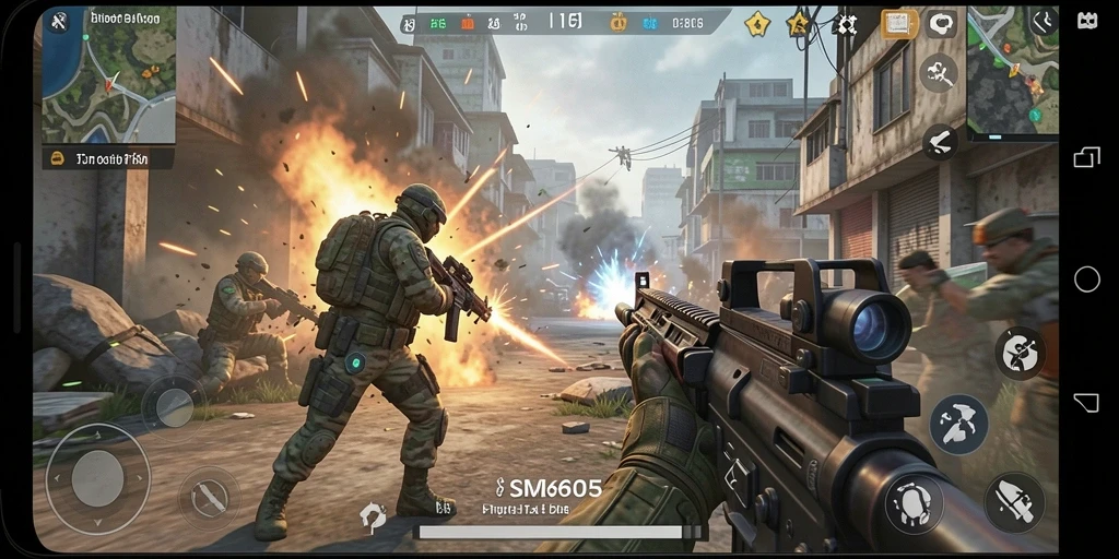 Tampilan aksi seru dalam gameplay SM605 FPS.