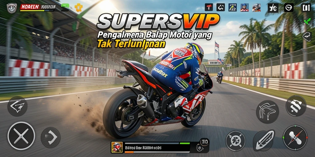 Screenshot utama SUPERSVIP menunjukkan aksi balap motor yang intens.
