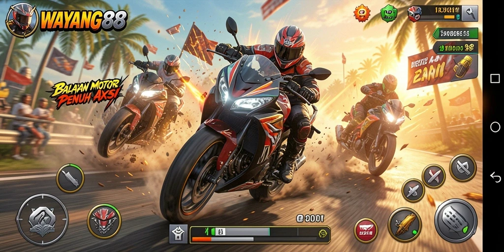 Tampilan gameplay balapan motor yang mendebarkan di WAYANG88.